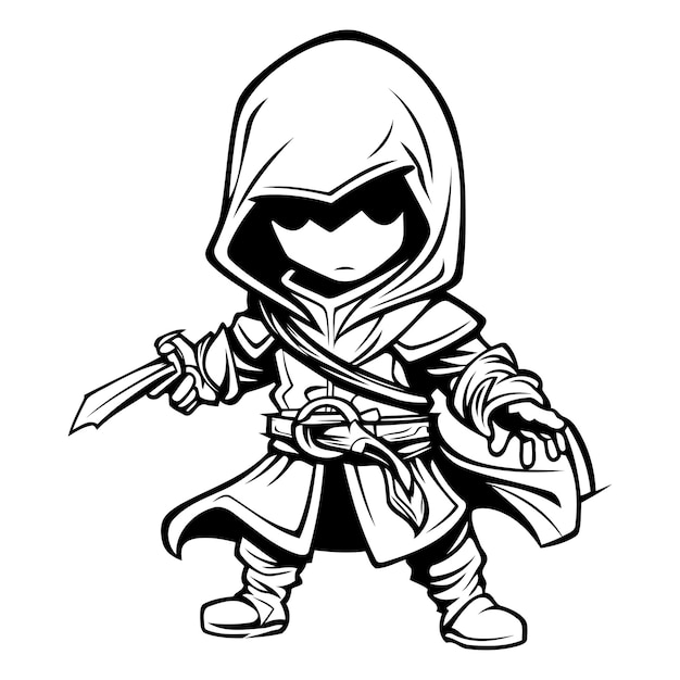 Vector ninja warrior black and white cartoon mascot illustration