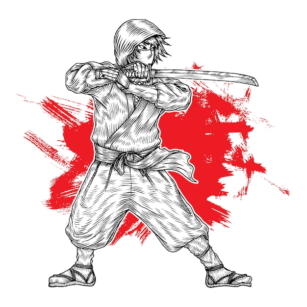 Vector ninja warrior, hand drawn illustration