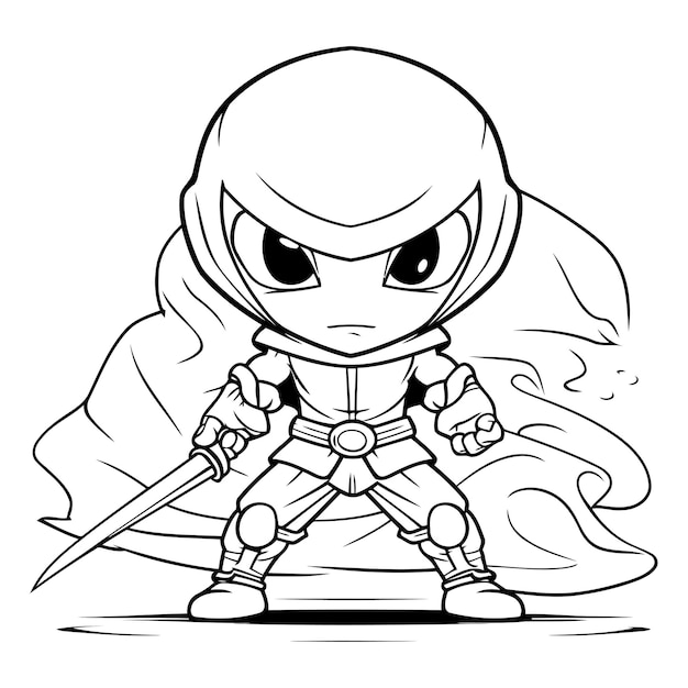 Ninja warrior with sword black and white cartoon illustration