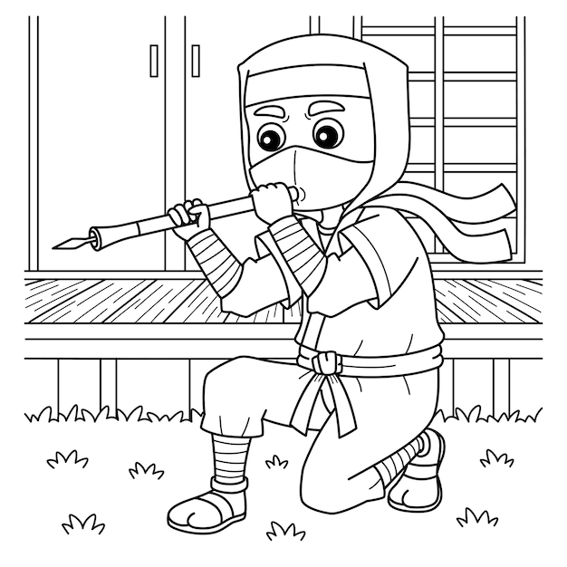 Vector ninja with blow gun isolated coloring page