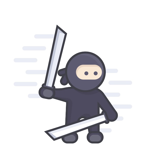 Ninja with katana swords in hands, flat style with outline over white