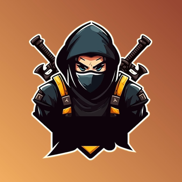 Ninja con due spade, mascotte di esport, modello di logo di gioco, illustrazione