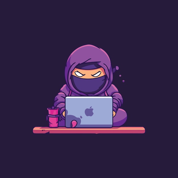 Vettore un ninja che lavora su un'illustrazione vettoriale del logo del computer portatile