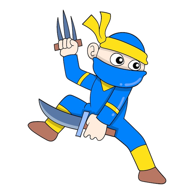 Ninjas in action wielding swords and sharp weapons doodle icon image kawaii