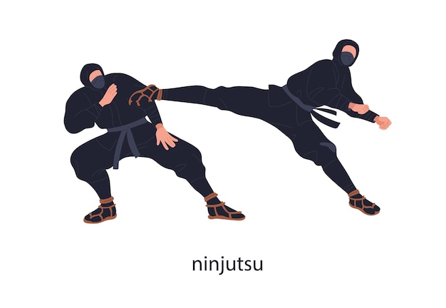 Ninjutsu fighters opponents Japan ninja warriors wrestling fighting in battle combat Japanese wrestlers in masks Rival attacking kicking Flat vector illustration isolated on white background