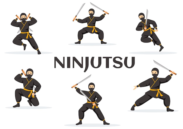 Vector ninjutsu vector illustration with character ninja shinobi from japan in flat cartoon style templates
