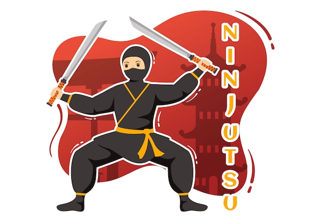 Ninjutsu vectorillustratie met karakter Ninja Shinobi uit Japan in platte cartoonstijlsjablonen