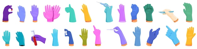 Vector nitrile gloves hand icons set cartoon vector rubber laboratory worker