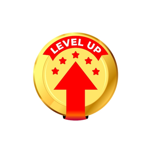 Niveau omhoog pictogram badge gouden met rode vectorpijl omhoog vectorillustratie