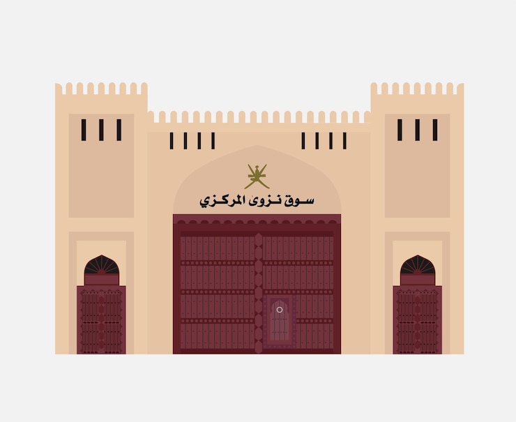 Vector nizwa souq gate in oman, text translation nizwa central market