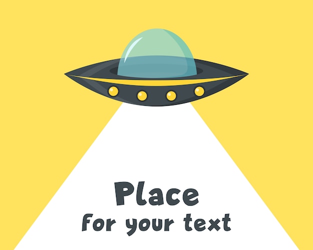 NLO  on background. Ufo flying spaceship in  . Alien space ship in cartoon style. Futuristic unknown flying object.  illustration place for your text. .