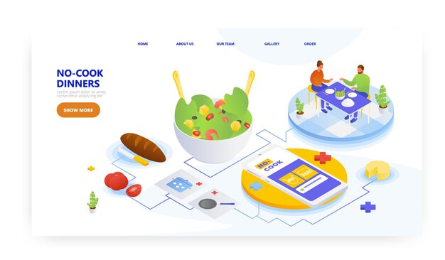 ベクトル クックディナーのランディングページのデザインのウェブサイトのバナーベクトルテンプレートは速くて簡単な食事のレシピはありません