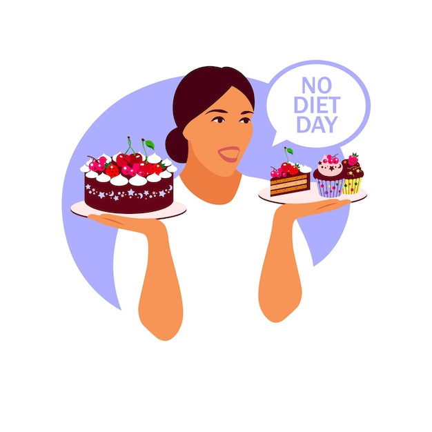 No diet day. A woman holds a plate of cupcake in her hands.