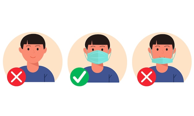 No entry without wearing a mask Person man with and without a medical mask Infographic