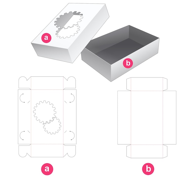 No glue box with gears shaped window on lid die cut template