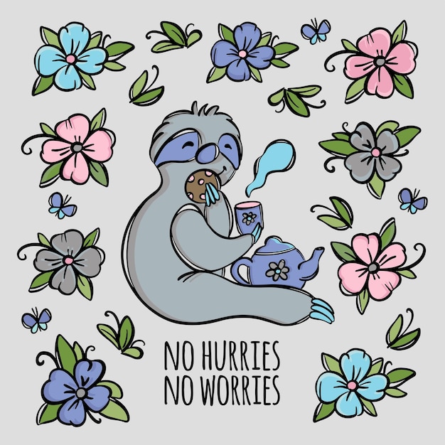 No hurries no worries sticker cute sloth drinks tea motto