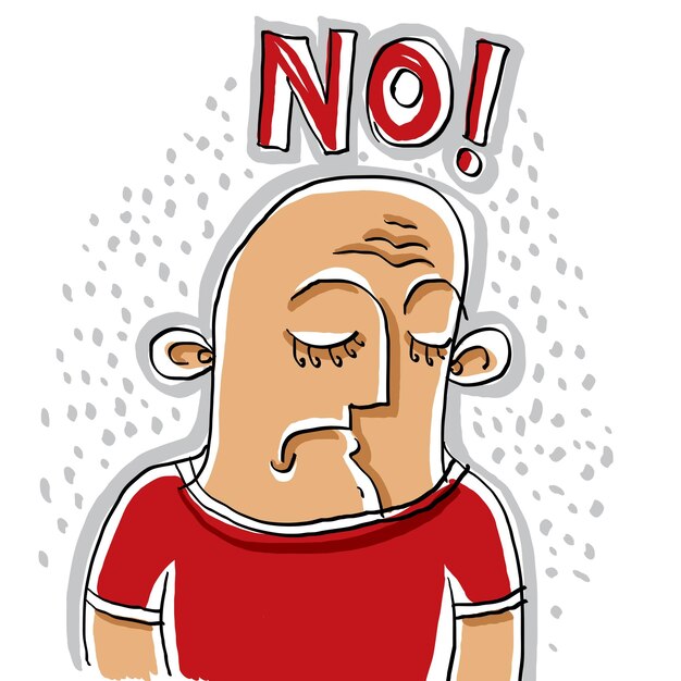 No. Illustration of a depressed person looking down. Colorful drawing of a sad man wearing a red T-shirt. Negative expressions.