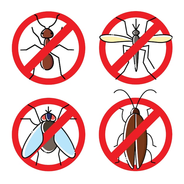 Vector no insects flat icons set. insecticide symbols.