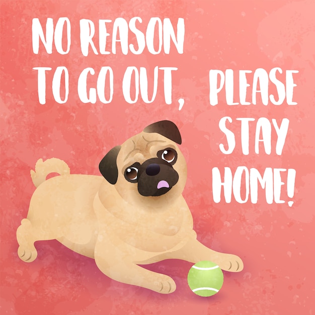 No reason to go out, please stay home! - funny inspirational slogan with cute pug dog illustration.