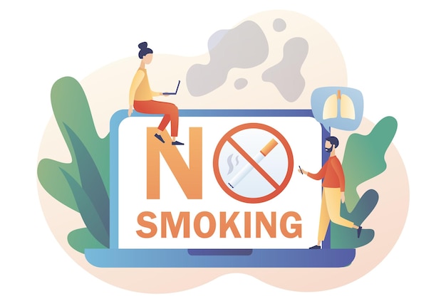 Vector no smoking. crossed out sign with cigarette on laptop screen. rejection of nicotine, stop smoke