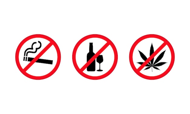 No smoking. No drinking. No drugs Prohibition symbol set. Vector EPS 10