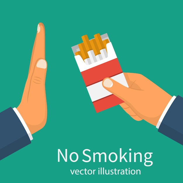 Vector no smoking reject cigarette offer anti tobacco concept cigarette pack in his hand hand gesture to reject the proposal smoke vector illustration flat design