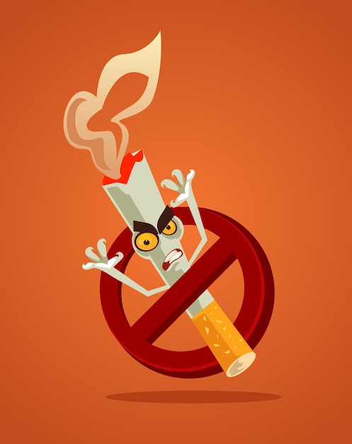 No smoking sign and angry bad danger cigarette monster character mascot in restrict red circle tobacco smoke habit addiction dependence problem concept flat cartoon illustration