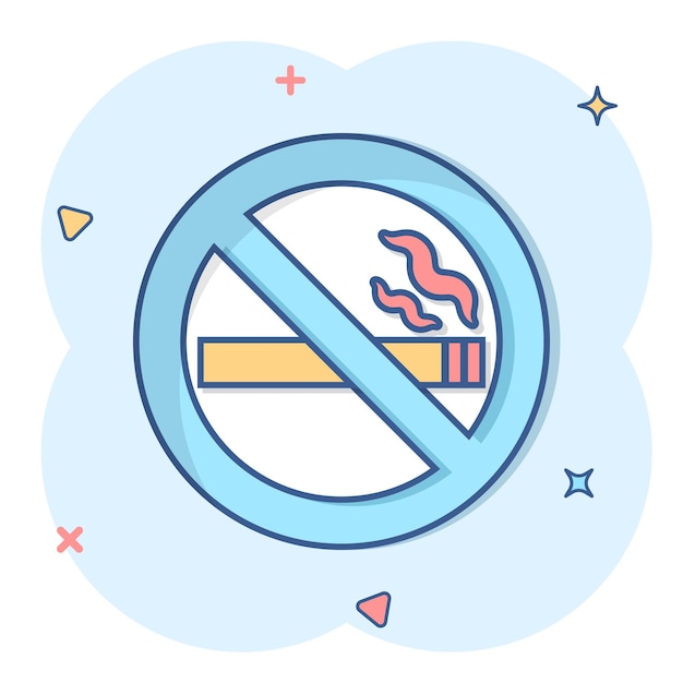 No smoking sign icon in comic style Cigarette cartoon vector illustration on white isolated background Nicotine splash effect business concept