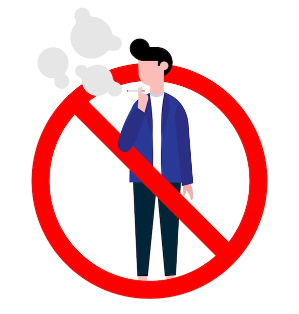 No smoking sign with standing male boy. Forbidden sign icon isolated on white background vector illu