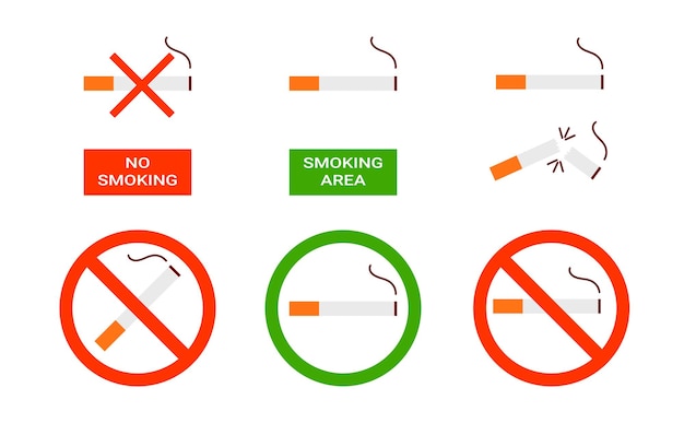 No smoking and smoking area sign set on white background Flat vector illustration
