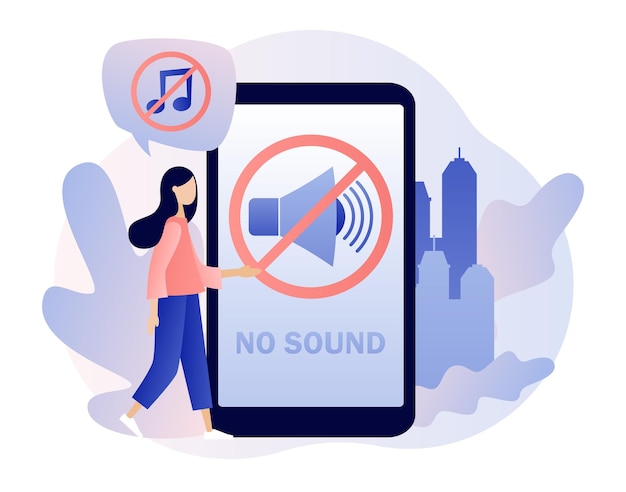 No sound text on smartphone screen quiet zone concept stop noise sign and tiny people volume