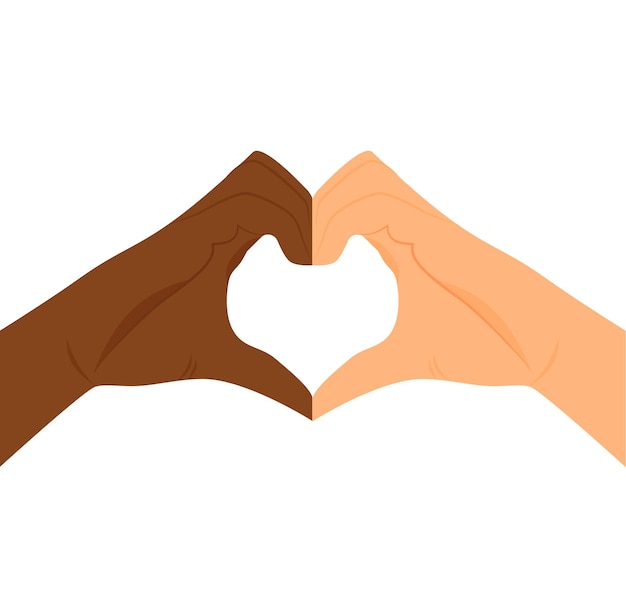 인종 차별에 아니요 손으로 심장 모양 사람들 사이의 우정 차별을 중지 흑백 피부 인종 차별에 반대하는 사랑의 손 사랑의 상징 격리 된 작업 벡터