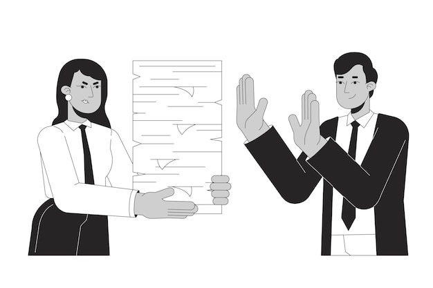 No to unreasonable workload black and white cartoon flat illustration Gen z employee refusing overwork from disappointed manager 2D lineart characters isolated Say no monochrome vector outline image