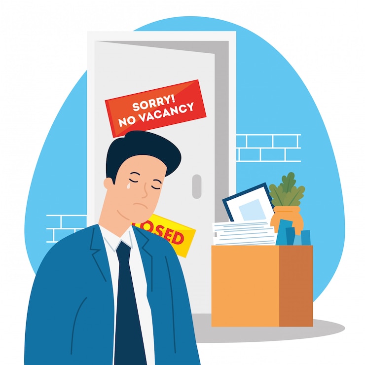 Vector no vacancy, sorry, unemployment coronavirus covid 19, global crisis, man crying and box with objects office   illustration design