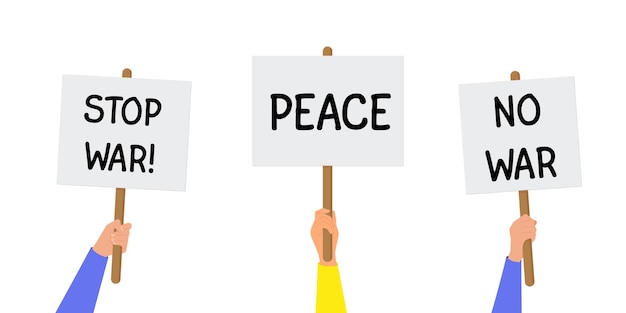 No war protest group of people in protest posters and fist and hands up black silhouettes of people of protestants concept of revolution and conflict vector illustration flat design