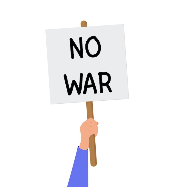 戦争の抗議はありません抗議の人々のグループポスターと拳と手渡しプロテスタントの人々の黒いシルエット革命と紛争の概念ベクトルイラストフラットデザイン