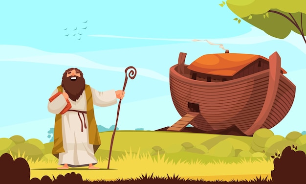 Noach verblijft in de buurt van grote houten ark die hij in opdracht van god platte cartoon vectorillustratie heeft gebouwd