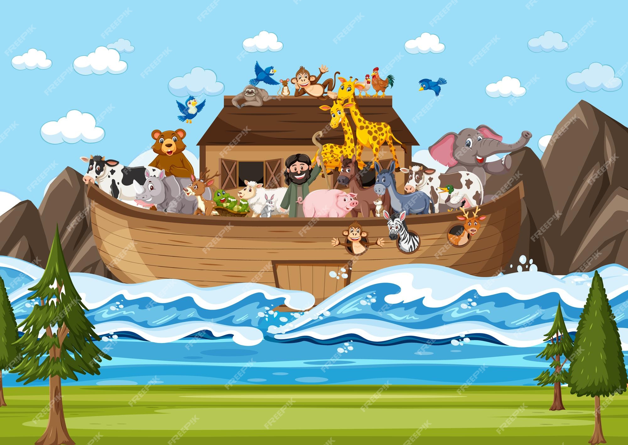 Premium Vector | Noah's ark floating with many animals in the ocean scene