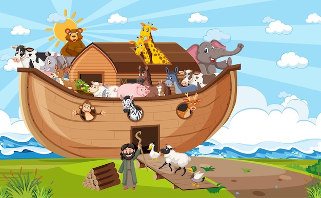 Vector noah's ark met wilde dieren in de natuurscène