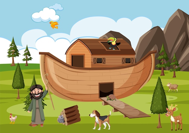 Vector noah's ark met wilde dieren in de natuurscène