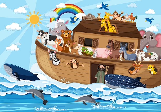 Ноев ковчег с животными в океане