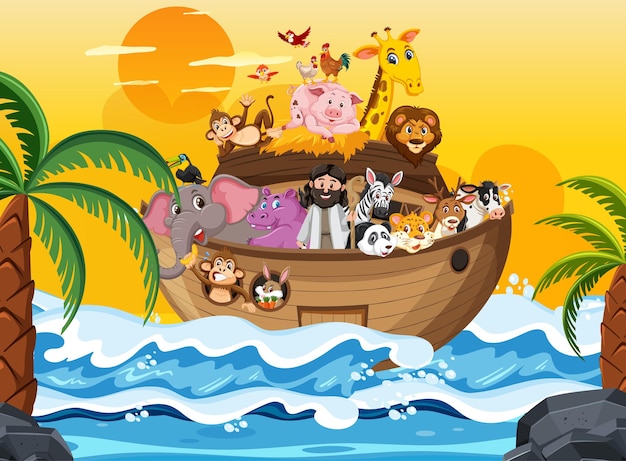 Noah's ark with animals in the ocean scene