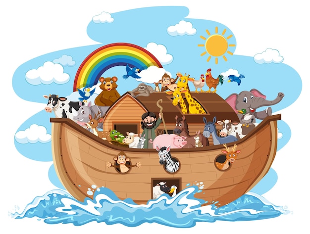 Вектор Ноев ковчег с животными на водной волне, изолированные на белом фоне