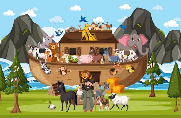Noah's ark with wild animals in nature scene