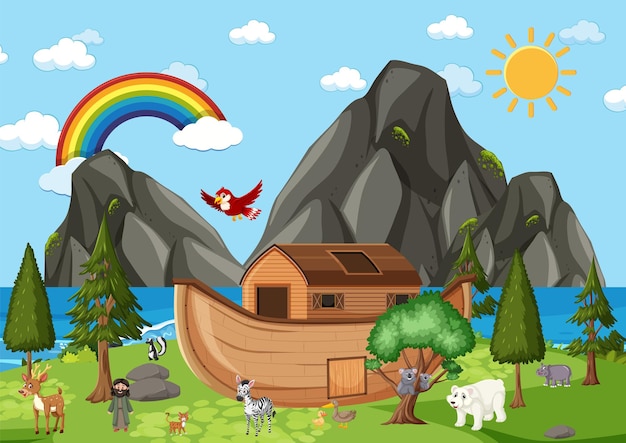 Noah's ark with wild animals in nature scene