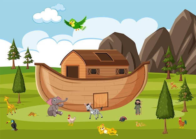 Noah's Ark with wild animals in nature scene