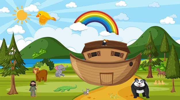 Noah's ark with wild animals in nature scene