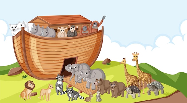 Vector noah39s ark many animals on wooden boat