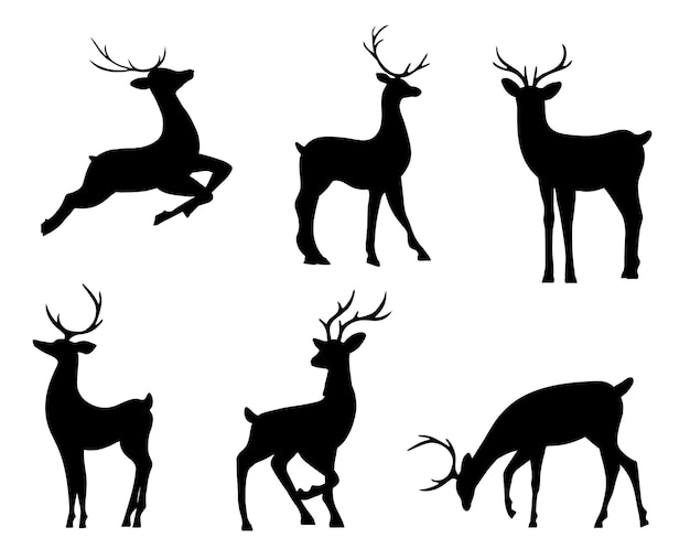 Noble sika deer set reindeers with antlers isolated vector silhouettes