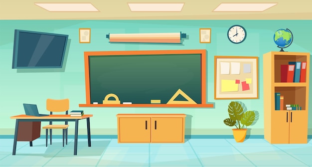 Vector nobody school classroom interior with teachers desk and blackboard. cartoon school education background. classroom interior. meeting room. vector illustration in a flat style